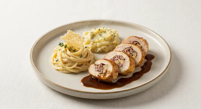Pechuga de Pollo Rellena de Salchichón, Fuet y Manzana con Salsa de Cerveza, Espagueti al Parmesano y Puré Rústico de Patata
