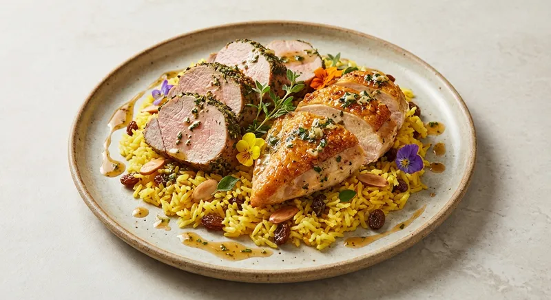 Pan-Seared Pork & Herb-Garlic Chicken over Golden Pilaf Rice