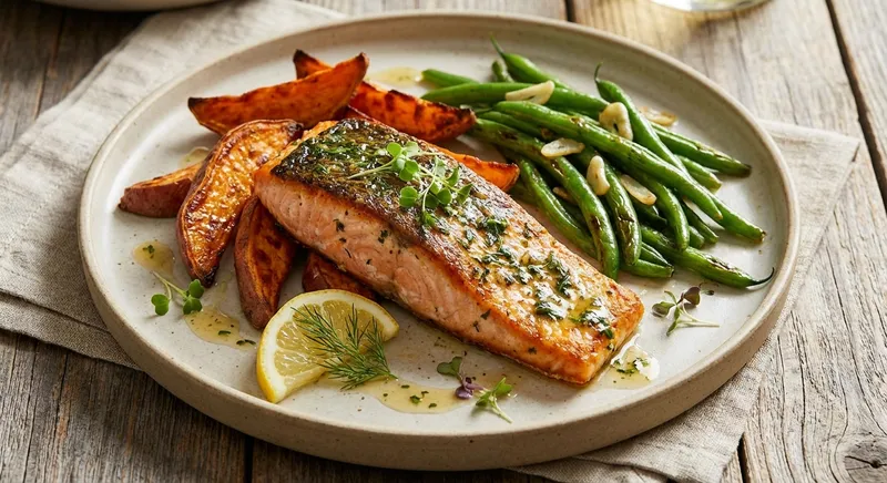Oven-Baked Salmon with Roasted Sweet Potato & Sautéed Garlic Green Beans