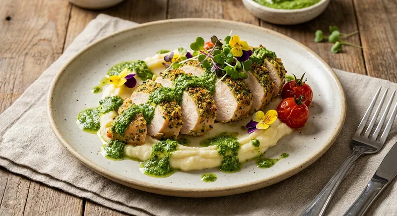 Herb-Crusted High-Protein Chicken with Garlic Whipped Potatoes & Greek Yogurt Chimichurri