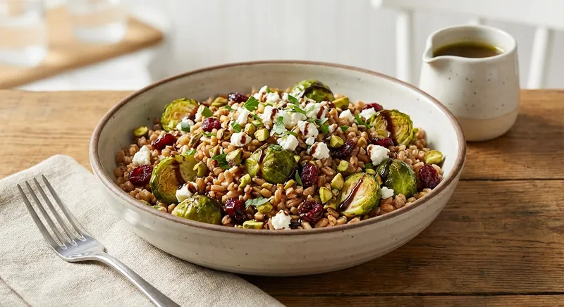 Warm Farro Bowl with Roasted Brussels Sprouts, Cranberries & Pistachios