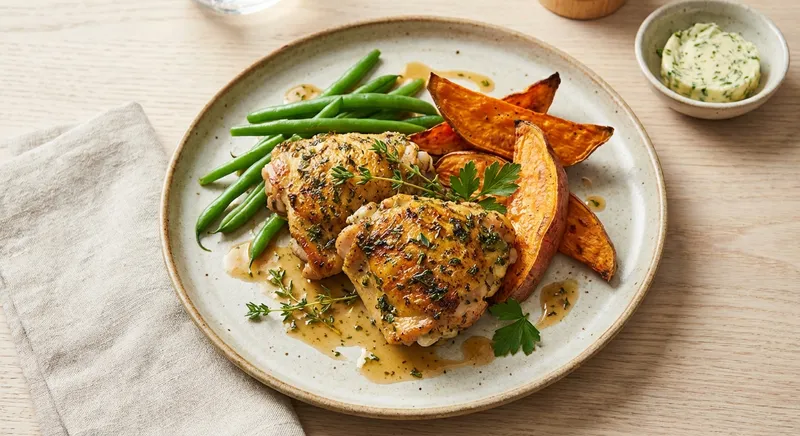 Herb-Roasted Bone-In Chicken Thighs with Sweet Potato Wedges & Green Beans