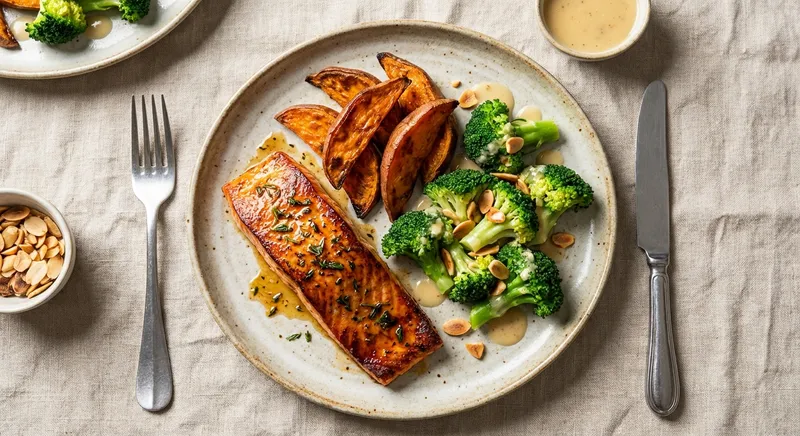 Baked Salmon with Roasted Sweet Potato & Steamed Broccoli