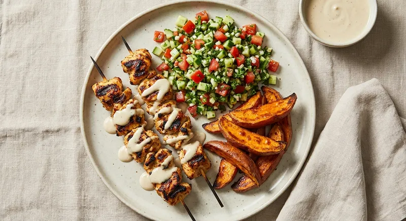 Grilled Chicken Kebabs with Tahini-Lemon Drizzle, Israeli Salad & Roasted Sweet Potato Wedges