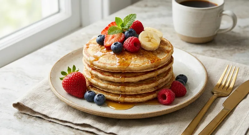 Egg-Free Banana Oat Pancakes with Maple Syrup & Berries