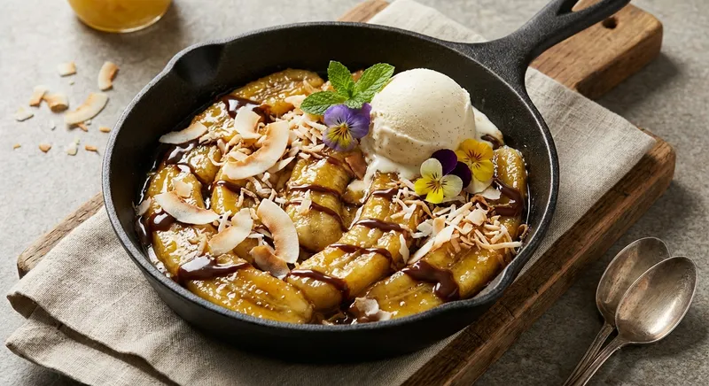 Caramelized Banana & Toasted Coconut Skillet with Warm Pineapple-Chocolate Drizzle