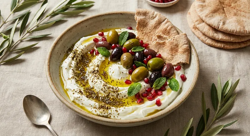 Labneh Bowl with Za'atar, Olives & Whole-Wheat Pita