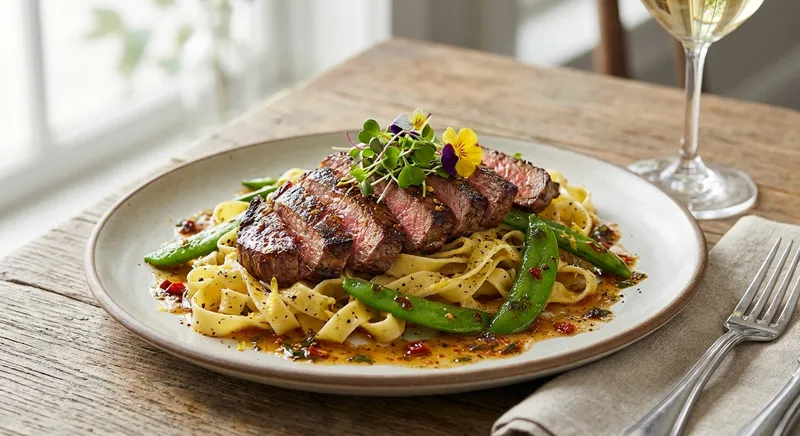 Seared Marinated Flank-Steak Strips with Lemon‑Pepper Tagliatelle, Snap Peas & Chili Brown Butter