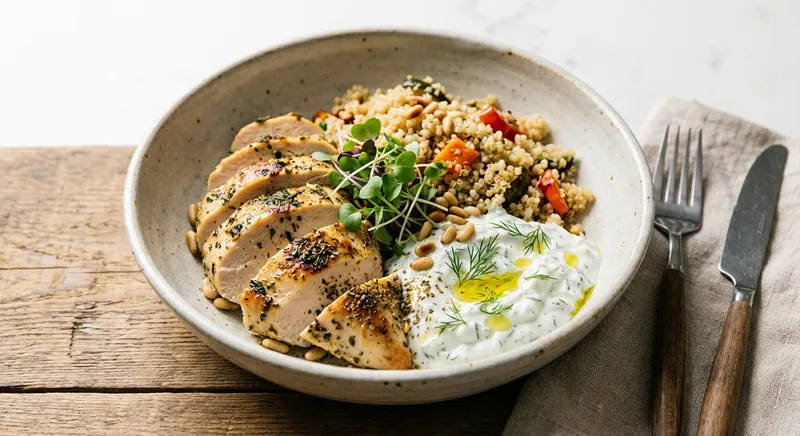 Lemon-Herb Chicken & Quinoa Bowl with Yogurt-Dill Tzatziki