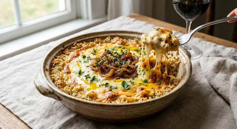 Baked Cheesy Pasta with Herbed Garlic Rice Crust & Caramelized Onions