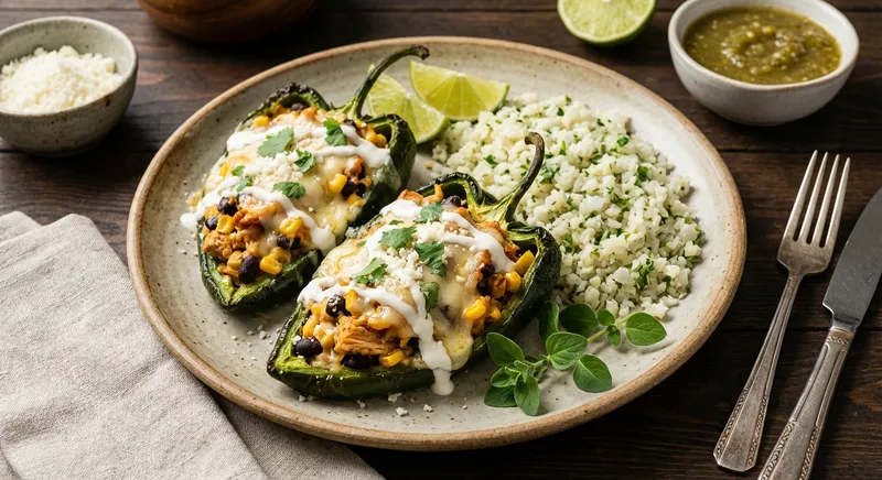 Mexican Chicken Poblano Stuffed Peppers with Cilantro-Lime Cauliflower Rice