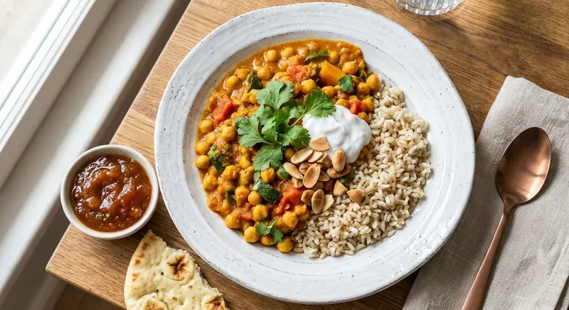 Chickpea & Vegetable Curry with Brown Rice (Indian-inspired, Vegan)