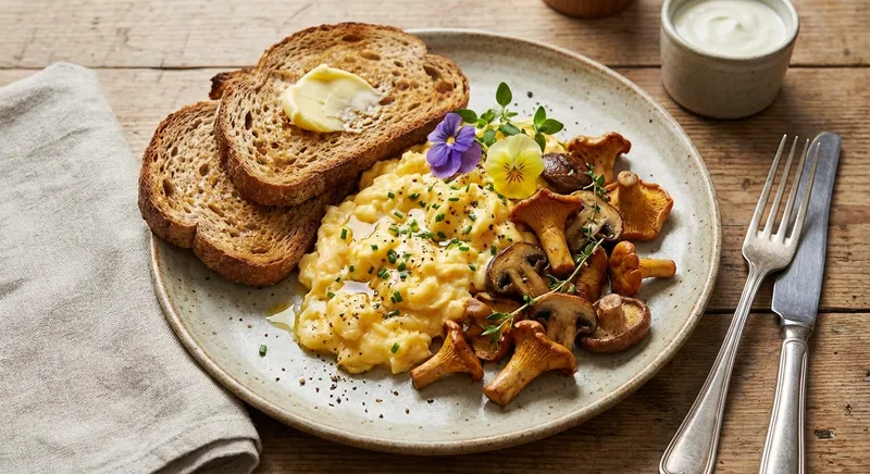 Scrambled Eggs with Sautéed Mushrooms & Whole-Wheat Toast