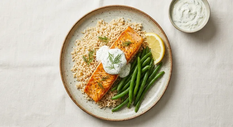 Baked Salmon with Brown Rice and Steamed Green Beans (Lemon-Dill Yogurt)