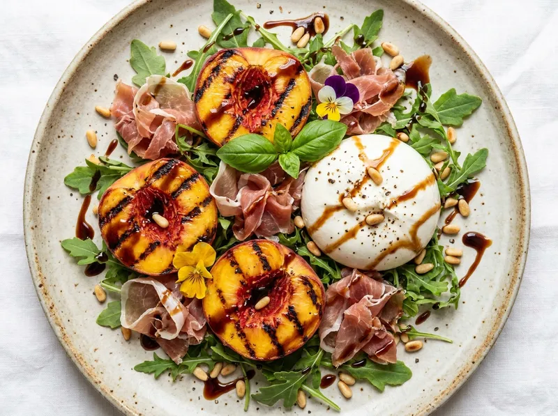 Grilled Peach & Burrata Salad with Prosciutto, Arugula & Balsamic-Honey Drizzle