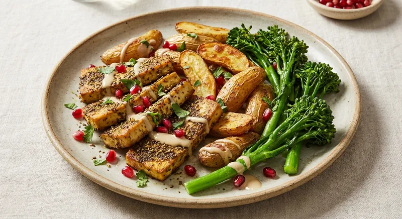 Za'atar-Marinated Pan-Roasted Tofu with Crispy Fingerling Potatoes & Quick‑Steamed Broccolini