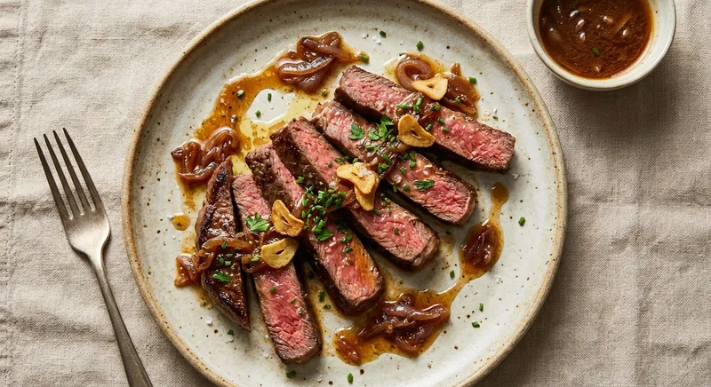Garlic-Butter Pan-Seared Beef Strips with Shallot-Pan Sauce