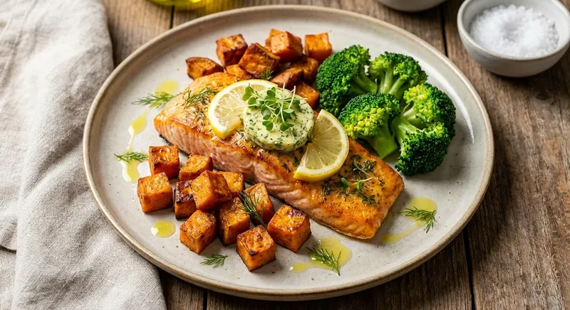 Baked Salmon with Roasted Sweet Potatoes & Steamed Broccoli