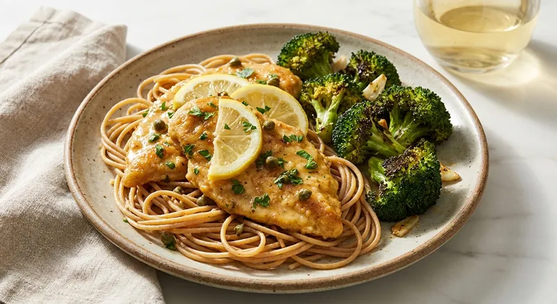 Chicken Piccata with Whole-Wheat Pasta & Roasted Broccoli
