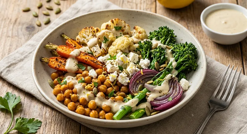 Chickpea Salad with Roasted Vegetables, Feta & Lemon-Tahini Dressing