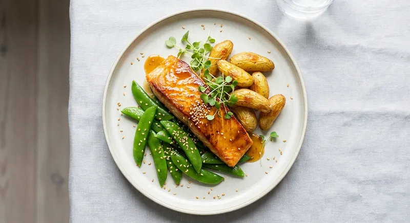 Pan‑Seared Miso‑Citrus Arctic Char with Sesame Sugar Snap Pea Stir‑Fry and Crispy Fingerling Potatoes