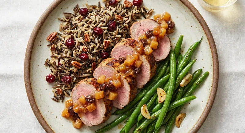 Pork Tenderloin with Apple Chutney, Wild Rice, & Sautéed Green Beans