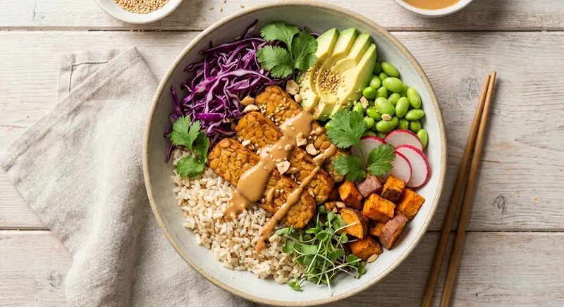 Buddha Bowl with Brown Rice, Roasted Tempeh & Peanut Sauce