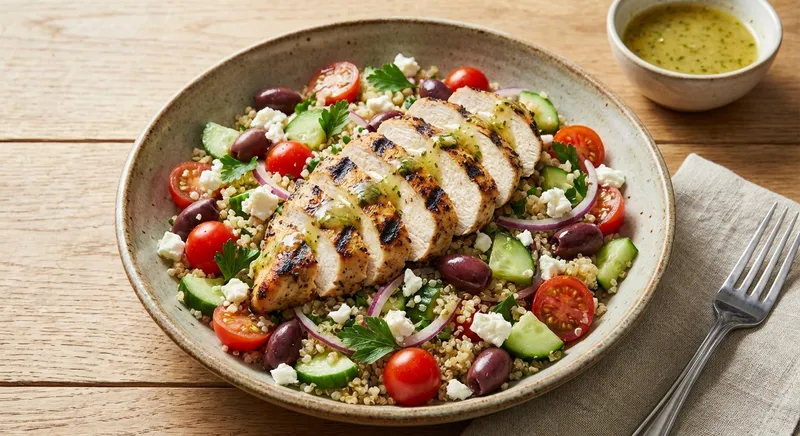 Mediterranean Quinoa & Grilled Chicken Salad with Feta