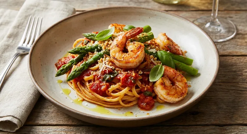 Shrimp Linguine with Tomato Sauce and Asparagus