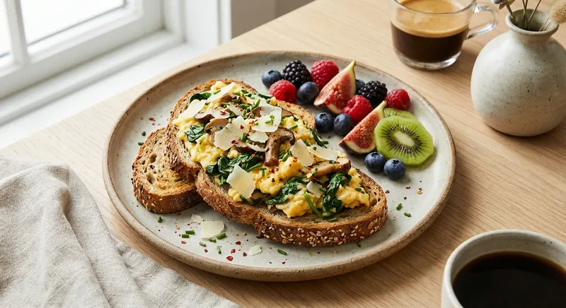 Spinach & Mushroom Scrambled Eggs on Whole-Grain Toast with Fruit