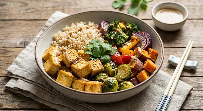 Buddha Bowl with Baked Tofu, Brown Rice & Roasted Veggies