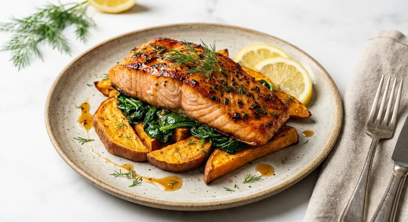 Baked Salmon with Roasted Sweet Potato & Sautéed Spinach