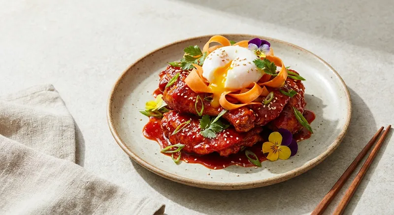 Korean Gochujang Chicken with Pickled Carrot Saengchae & Silky Poached Egg