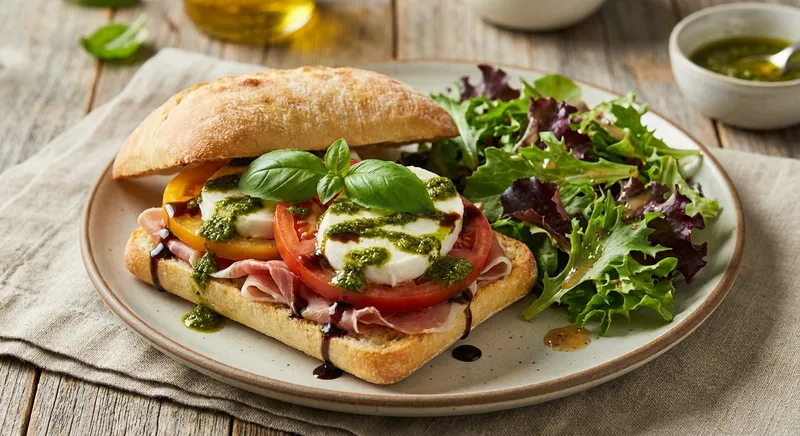 Caprese Sandwich with Pesto and Side Mixed Greens