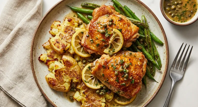 Pan-Roasted Crispy Chicken Thighs with Lemon-Herb Pan Sauce, Garlic-Smashed Potatoes & Blistered Green Beans