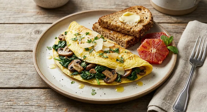 Spinach & Mushroom Omelette with Whole Grain Toast and Orange