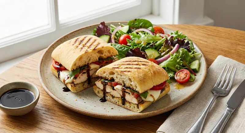 Caprese Chicken Panini with Mixed Green Salad