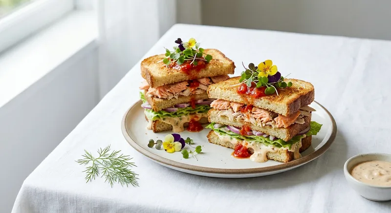 Salmon & Shredded Chicken Club Toasts with Pickle-Yogurt Remoulade & Salsa Drizzle