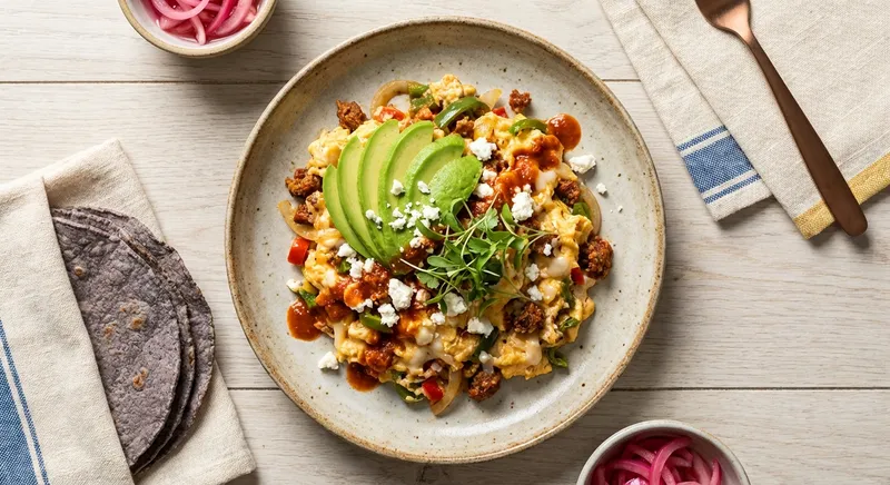 Mexican Scrambled Eggs with Avocado & Corn Tortillas
