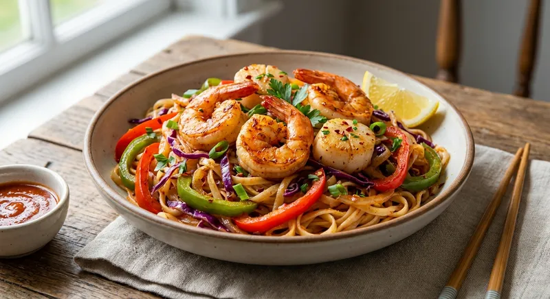 Cajun Garlic Shrimp & Scallop Stir‑Fry with Bell Pepper, Red Cabbage and Rice Noodles
