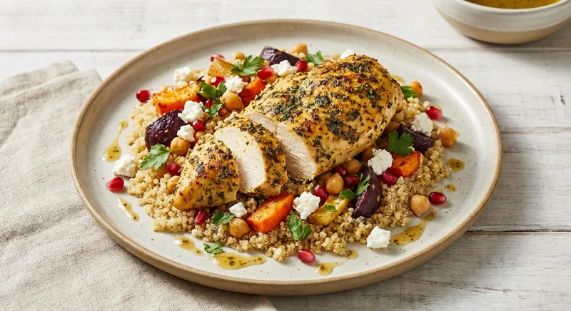 Roasted Chicken Breast & Quinoa Salad with Chickpeas, Roasted Veg, and Feta