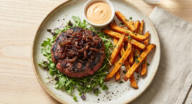 Grilled Bison Burgers (No Bun) with Caramelized Onions & Crispy Sweet Potato Fries