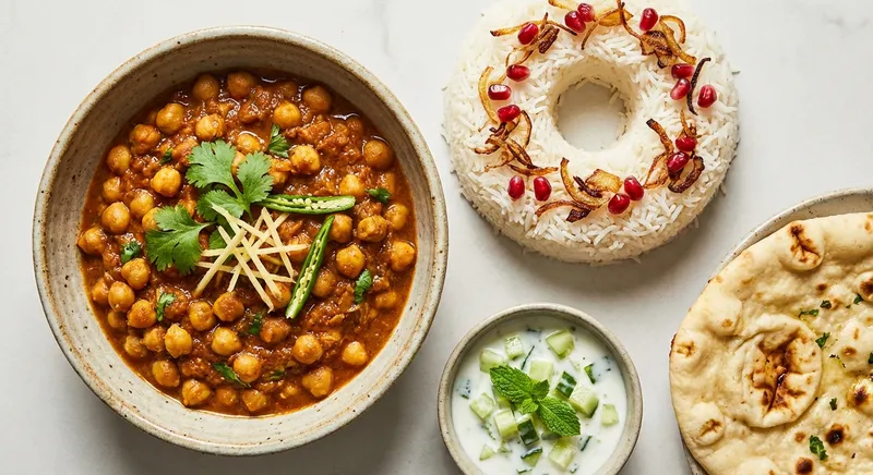 Indian Chana Masala with Basmati Rice and Cucumber Raita