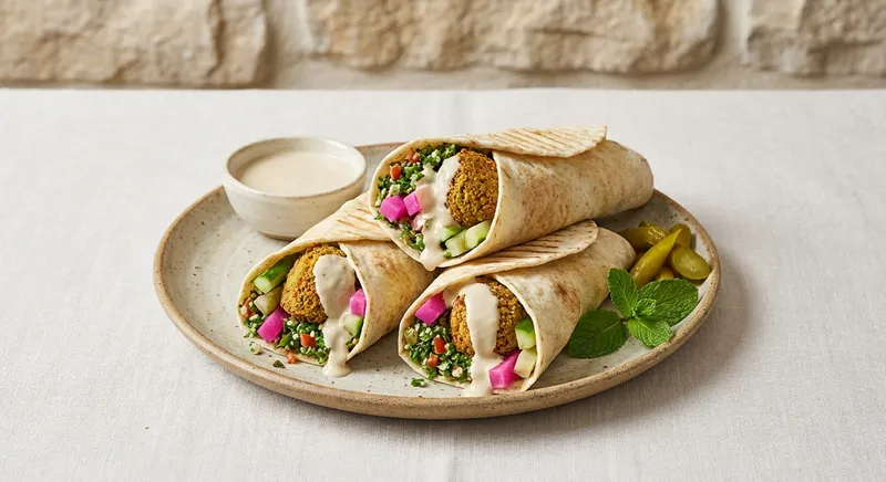 Falafel Wraps with Tahini, Pickles, & Tabbouleh