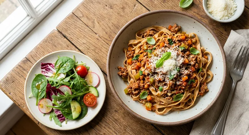 Whole-Wheat Pasta with Turkey Bolognese & Mixed-Greens Vinaigrette Salad (egg-free)