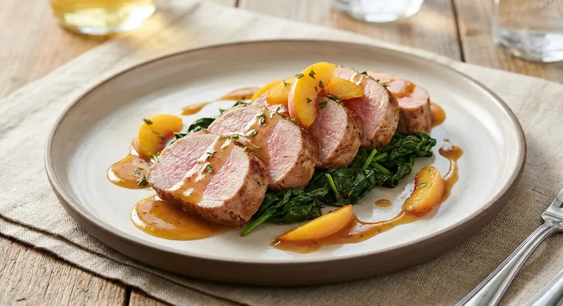 Pan-Seared Pork Tenderloin with Dijon-Peach Reduction and Wilted Spinach