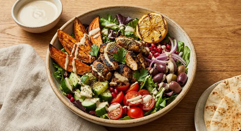 Middle-Eastern Chicken Shawarma Salad with Tahini Dressing and Roasted Sweet Potato
