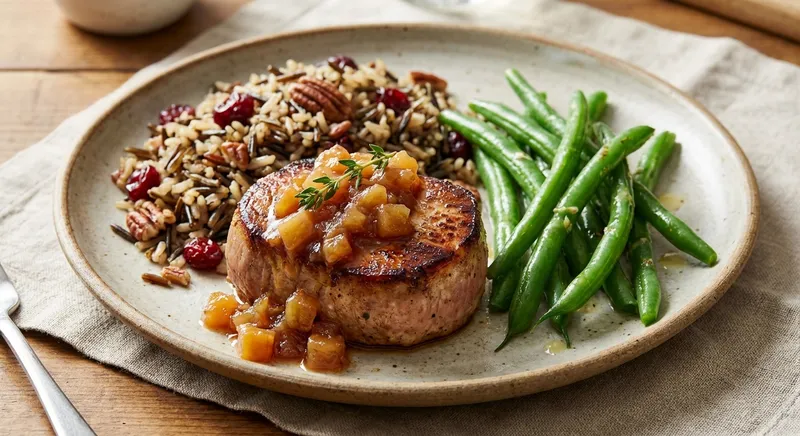 Seared Pork Tenderloin with Apple–Onion Chutney, Wild Rice Pilaf, and Steamed Green Beans