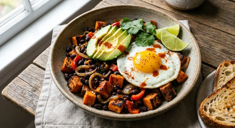 Smoky Black Bean & Sweet Potato Breakfast Hash with Avocado, Lime & Cilantro