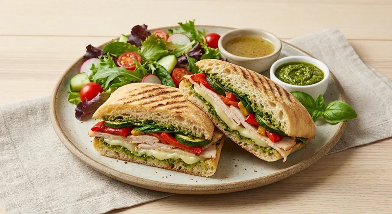 Turkey & Veggie Panini with Pesto and Side Salad